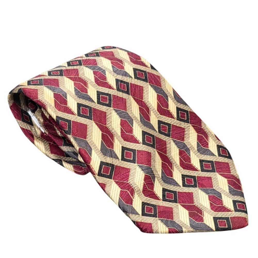 Vintage Gianfranco Ruffini Silk Geometric Tie Men's Red Gold Diamond Made in USA